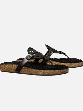 NWT Size 7.5 Tory Burch Black Leather Logo Thong Sandals